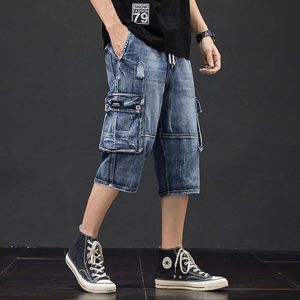 Denim Shorts Jeans 3/4 Men Hole Side Pockets Breeches Jean Destroyed Calf Pants Summer Destressed Trouser Male Style Cargo Jeans 210622