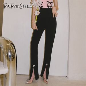 Czarny Skinny Casual Spodnie Dla Kobiet Wysokiej Talia Kieszenie Site Split Solid Minimalistyczne spodnie Samice Styl odzieżowy 210521