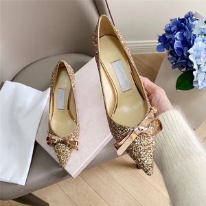 2021 Luxurious Designers Dress Shoe Evening Slingback Rose Gold BowBow Pumps 6CM/8CM/10CM Shiny Embellishments Heels Sandals for Women Slipper 35-42