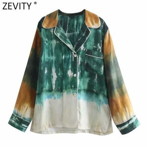 Zevity kvinnor vintage färg matchande slips färgad tryckskjorta kvinnlig långärmad kimono blus roupas chic blusas toppar ls9411 210603