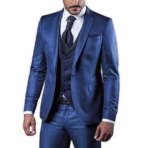 Blaue Hochzeit Herrenanzüge Slim Fit mit Blumenmuster Weste 3 Stück formelle Bräutigam Smoking Abendessen italienische Mode Jacke Hosen X0909