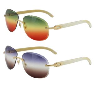 Weiße, echte, natürliche Original-Büffelhorn-Randlose Sonnenbrille 8200764, Diamantschliff, UV400-Linse, Unisex-Sonnenbrille, 18 Karat Gold, Metall, Cat-Eye-Brille, Größe: 59