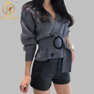 Autumn And Winter Women Cardigans Sweater V neck Solid Loose Knitwear Double-breasted Casual Knit Cardigan Outwear Coat 210520