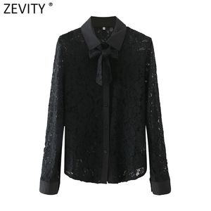 Kobiety Sexy Perspective Black Lace Casual Smock Bluzka Kobieta Turn Down Collar Bow wiązana koszula Chic Blusas Topy LS7611 210416