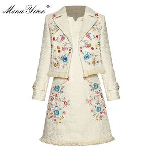 Fashion Designer Set Spring Autumn Women's Flowers Embroidery dress+Long sleeve Double breasted jacket Two-piece set 210524