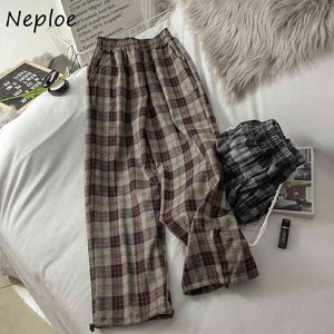 Neploe vintage chic plaid mönster hög midja raka byxor höst lösa casual byxor dubbla fickor breda ben byxor 210510