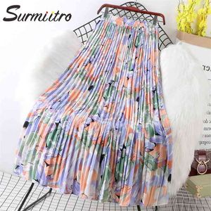 Korean Style Long Skirt Women Spring Summer Fashion Floral Print Chiffon High Waist Maxi Female 210421