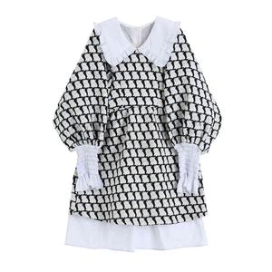 Black White Long Sleeve Mini Dress Puff Cat Pattern Turn Down Collar D3080 210514