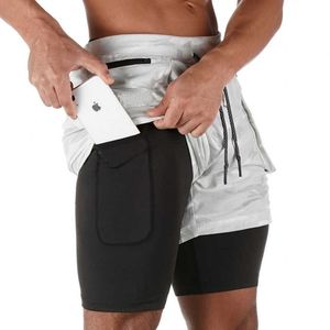 Homens 2 em 1 Corrida Corrida Bolsos de Segurança Lazer Camuflagem Shorts Rápido Secagem Esporte Shorts Bolsos Construídos Com Zíper Bolsos X0705