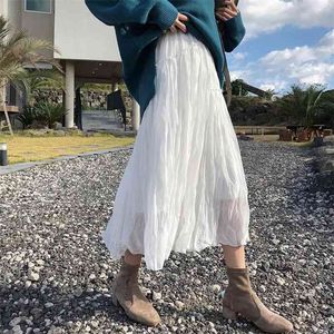 Summer White Boho Chiffon Pleated Skirts Women Spring Black Fungus Beach Long Vintage High Waist Elastic Patchwork 210421