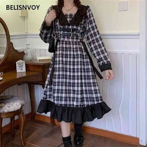 Japanische Frühling Herbst Gothic Lolita Kleid Frauen Rüschen Kawaii Midi Casual Lace-Up Retro Plaid Langarm Weibliche Vestidos 210520