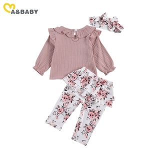 3-24m Vår Höst Toddler Spädbarn Barnflickor Kläder Set Flower Pants Ruffles Toppar Headband Outfits 210515