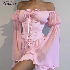 Nibber Ummer Ladies Top Top Jeden-Ramię Szyfonowa Sukienka Długoszechowa Suknia Wróżki Odchudzanie Draped Mini Spódnica Sweet Style 2021 Y0726