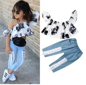 Kids Baby Girls Clothes Sets 2021 Summer Children Off Shoulder Short Sleeve Crop Tops+Lace Ripped Denim Pants Jeans Outfits