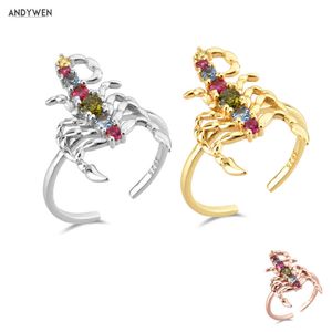 Andywen 925 Sterling Silver Guld Färgglada Spider Rainbow CZ Justerbara Ringar Kvinnor Fina Smycken Öppna Resizable Jewels Gift 210608