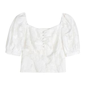 Women White Solid Top Shirt Floral V Neck Half Sleeve Spring Summer Puff Lace Blouse Button B0656 210514