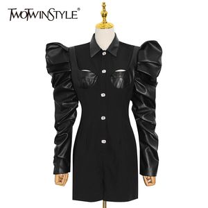 TWOTWINSTYLE Patchwork PU Leder Schwarz Overall Für Frauen Revers Puff Langarm Hohe Taille Mini Schlanke Overalls Weibliche 210517