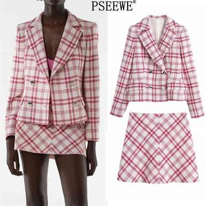 Skirt Suits 2 Piece Set Women Pink Plaid Long Sleeve Cropped Blazer Office Elegant High Waisted Mini 210519