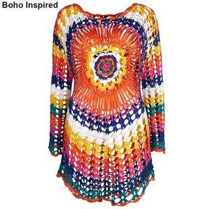 Вдохновленный сексуальный вязание крючком топ женские блузки покрывают лето пляжная одежда с длинным рукавом вязание богемные кимоно туники женские вершины 210412
