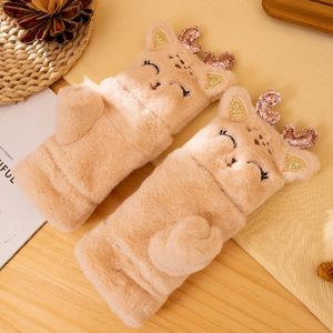 Five Fingers Gloves Cute Animal Cat Bear Fur Mittens Women Winter Ear Flip Plush Fingerless Thick Warm Mitten For Girl 1 Pair