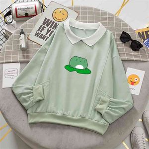 Kawaii Frog Sweatshirt Oversized Harajuku Pullover Hoodie with Pocket Cotton Women Kpop Fashion Clothes Aesthetic Sweet Hoodies 210728