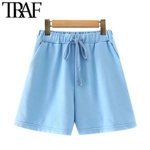 TRAF Women Chic Fashion With Drawstring Straight Shorts Vintage High Elastic Waist Pockets Female Short Pants Mujer 210415
