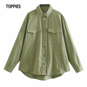 Botão de jaqueta de camisa de algodão verde toppies abaixo do casaco solto mulheres bolsos de manga longa streetwear 211014