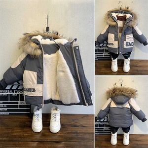 Winter boys coat baby Fur collar hooded cotton plus velvet thicken warm jacket for children's 2-8years 211203