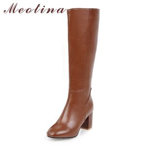 Meotina Kniehohe Stiefel Damenschuhe Reißverschluss High Heel Lange Stiefel Round Toe Chunky Heels Damenstiefel Beige Schwarz Große Größe 45 210608