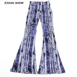 Feriado azul tie-tintura listra vertical impressão flare calça mulheres boho tribal africano hippie sino leggings fundo longo calças longas 210429