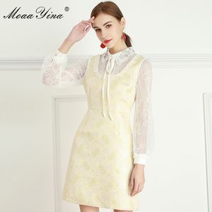 Fashion Designer dress Summer Women's Dress Beaded turn-down collar Lace Long sleeve Jacquard Dresses 210524