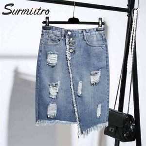 Plus Size S-5XL Midi Knee Length Denim Skirt Women Spring Summer Hole Button Sun School High Waist Female 210421