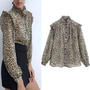 Top Women Vintage Leopard Semi-sheer Animal Print Shirts Long Sleeve High Neck Ruffle Trims Button-up Blouses 210519