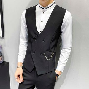 Mens väst dubbel-breasted waistcoat manlig prom party disco servitör ärmlös kläder avslappnad smal klänning väst tuxedo gilet 210527