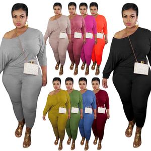 Jesienna damska Plus Rozmiar Dresy Dorywczo 2 sztuk Zestaw Solid Color Off Ramię Z Długim Rękawem Top I Długie Pant Bodycon Skinny Sportswear