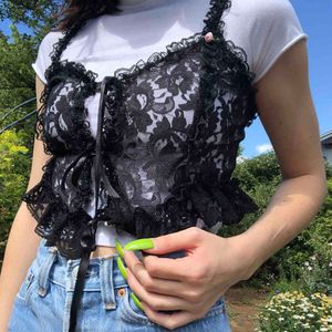 Goth Dark Lace Sexy Gothic See Through Camis Black Mall Goth E-Girl Ruffles Crop Tops Women BacklSleevelBandage Clothes X0507