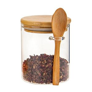Zuckerdose mit Bambusdeckel und Löffel, Kanisterglas aus klarem Glas für die Aufbewahrung in der Küche, 210330