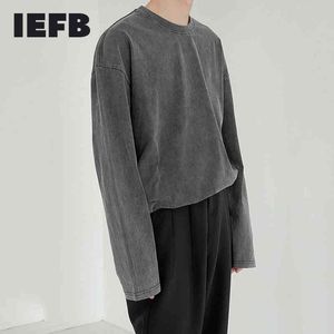 IEFB Men's Clothing Long Sleeve Grey T-shirt Spring And Autumn Base Round Collar Off Shoulder Tee Tops For Male 9Y6955 210524