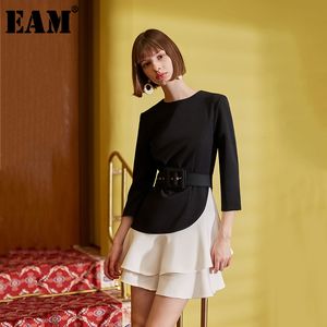 [Eam] mulheres preto contraste cor babados vestido redondo pescoço manga comprida solta faixa de moda primavera outono 1h003 21512