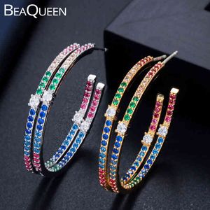 BEAQUEEN SUNNING LADY MULTI COLOR Cubic Cyrkon Sterling Silver 925 Biżuteria Rainbow Kolorowe Duży Okrągły koło Hoop Kolczyki E289