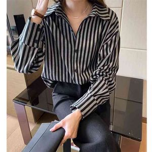 Primavera Outono Coreia Moda Mulheres Manga Longa Solta Striped Shirts All-Matched Casual Collar Colar Colar Plus Size S299 210512