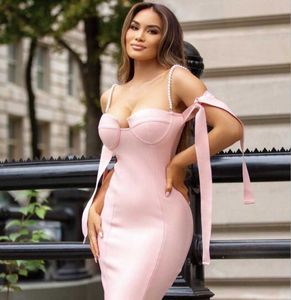 Women Sexy Beading Lace UP Pink Bandage Dress Elegant Night Club Midi Prom Celebrity Bodycon Party Vestido 210527