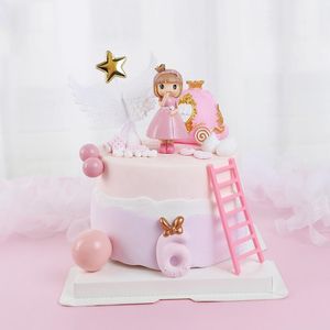 その他のお祝いのパーティーは素敵なピンクの女の子の弓王女ハッピーバースデーケーキトッパーカボチャカーホワイトウィングタッセルスターズベイビーベイビー