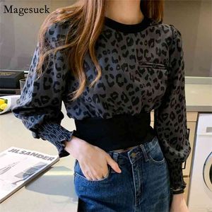 Mode Vintage Kvinnor Blusar Kort Leopard Chiffon S Blus Casual Långärmad Skjorta Blusas Mujer 11377 210512