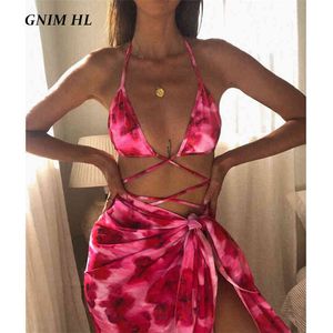 Gnim Bandage Trinagle Baddräkt Kvinnor med sjal Sexig Print Bikini Set 2020 Beachwear Badkläder 3 Pieces Top Selling Swimming Suit X0522