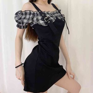 Vintage Ekose Kare Yaka Yaz Kadın Beyaz Kısa Elbise Gotik Kayış Kısa Kollu Kadın Bodycon Seksi Mini Elbiseler Parti 210415