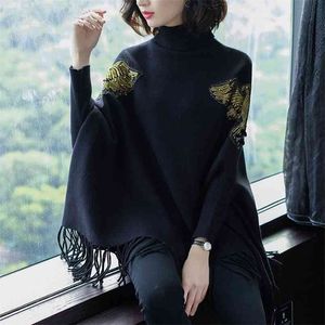 Black Lazy Wind Loose Turtleneck Sweater Poncho Female Bat Sleeve Fringed Knitted Pullover Women Spring Autumn 210427