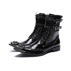 Schwarze Leder Stiefeletten für Herren, handgefertigte Stiefel, spitze Eisenkappe, Motorradstiefel, Herren-Schuhe, Militärschuhe