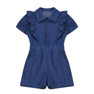 Combinaisons été adolescent enfants filles Denim barboteuse combinaison courte couleur unie décontracté enfants vêtements salopette 6-14 ans