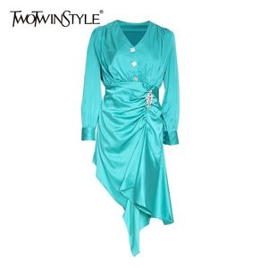Весна нерегулярное платье женское V шеи слойные рукава высокие талии бриллианты платья для женщин элегантная модная одежда 210520